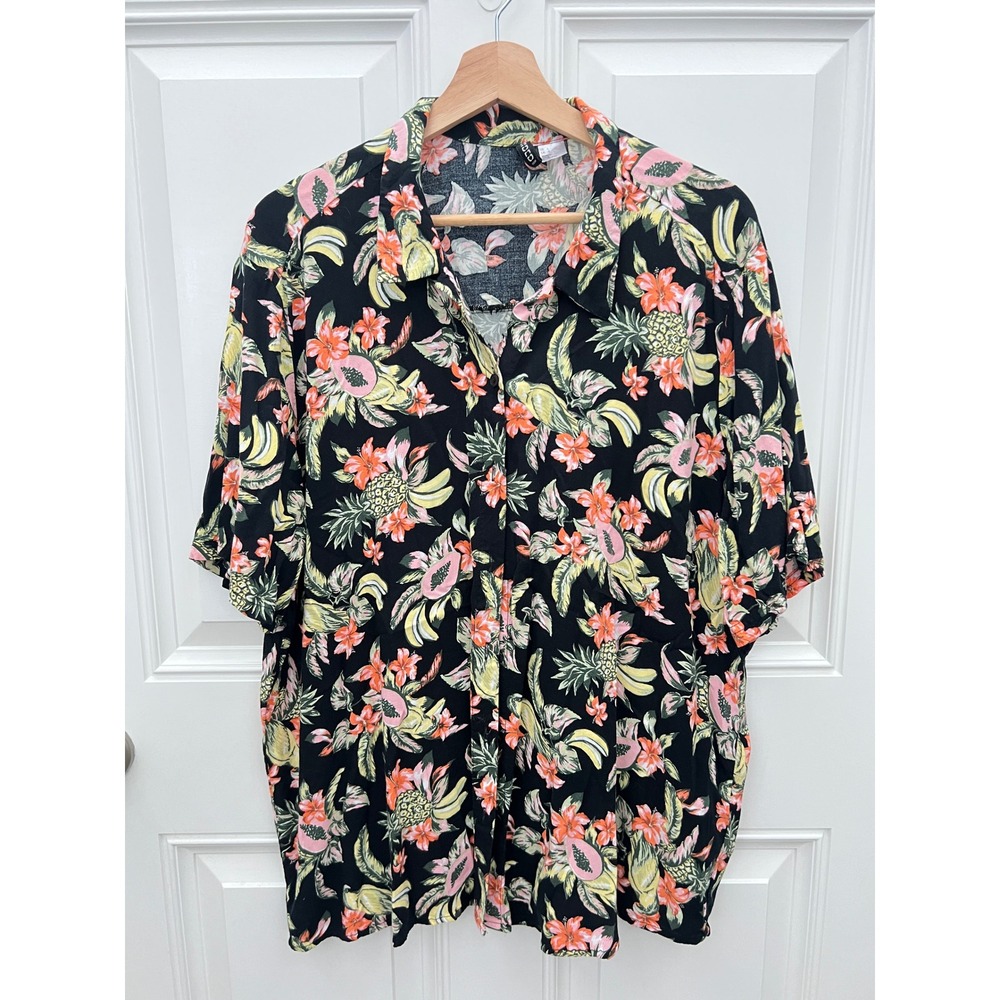 HM Divided Tropical Pineapple Papaya Floral Button Up Shirt Black Womens Large‎